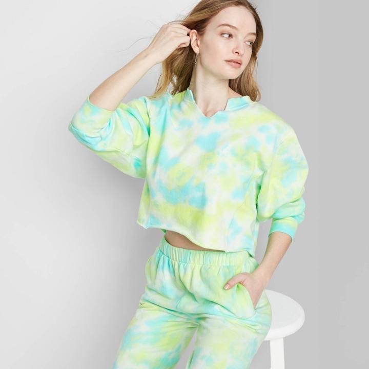 Women's Tie-dye Split Neck Cropped Sweatshirt - Wild Fable Green