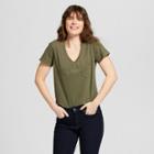 Women's Sensory Friendly Pocket V-neck Short Sleeve T-shirt - Universal Thread Olive (green)