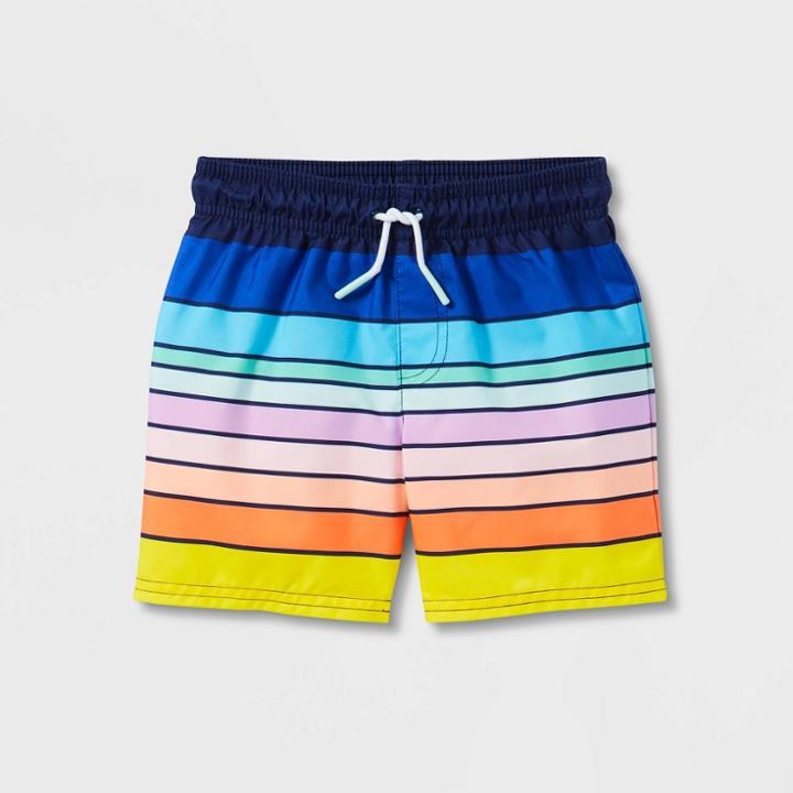 Toddler Boys' Striped Swim Trunks - Cat & Jack 12m, Blue/brown