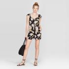 Women's Floral Print Flutter Cap Sleeve Tie Front Tie Back Romper - Xhilaration Black