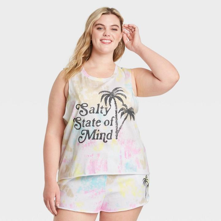 Grayson Threads Women's Plus Size Salty State Of Mind Graphic Tank Top - White Tie-dye