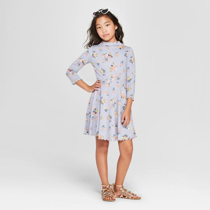 Girls' Long Sleeve Lettuce Edge Skater Dress - Art Class Blue