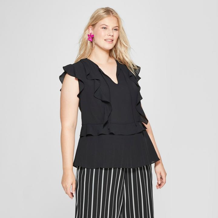 Women's Plus Size Ruffle Sleeveless Blouse - Ava & Viv Black
