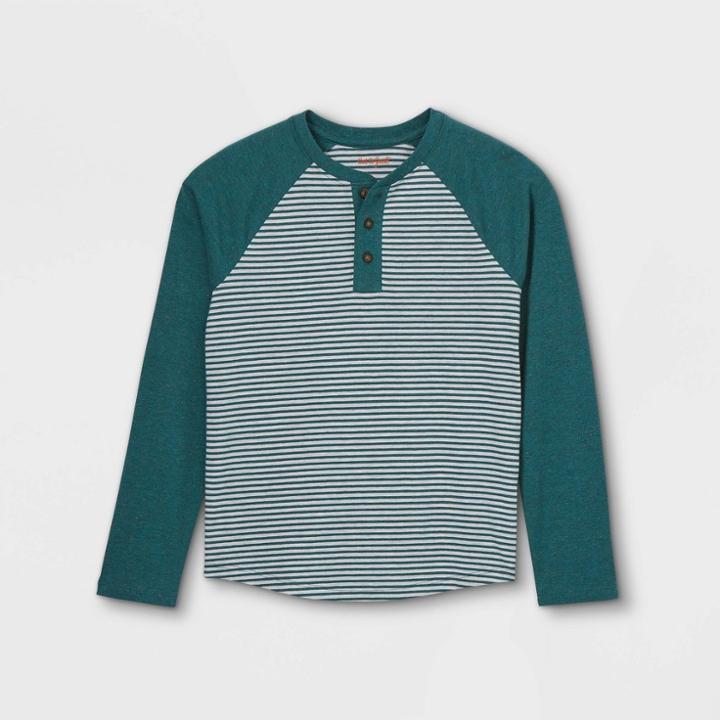 Boys' Striped Double Knit Henley Long Sleeve T-shirt - Cat & Jack Dark Teal