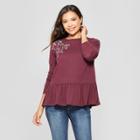 Women's Floral Print Long Sleeve Embroidered Peplum Blouse - Knox Rose Burgundy