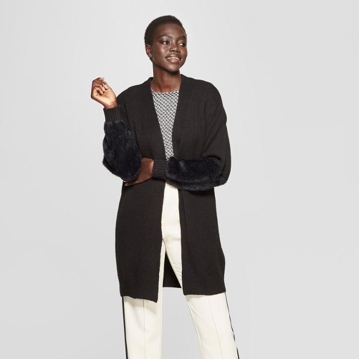 Women's Long Faux Fur Blocked Sleeve Cardigan - Who What Wear Black
