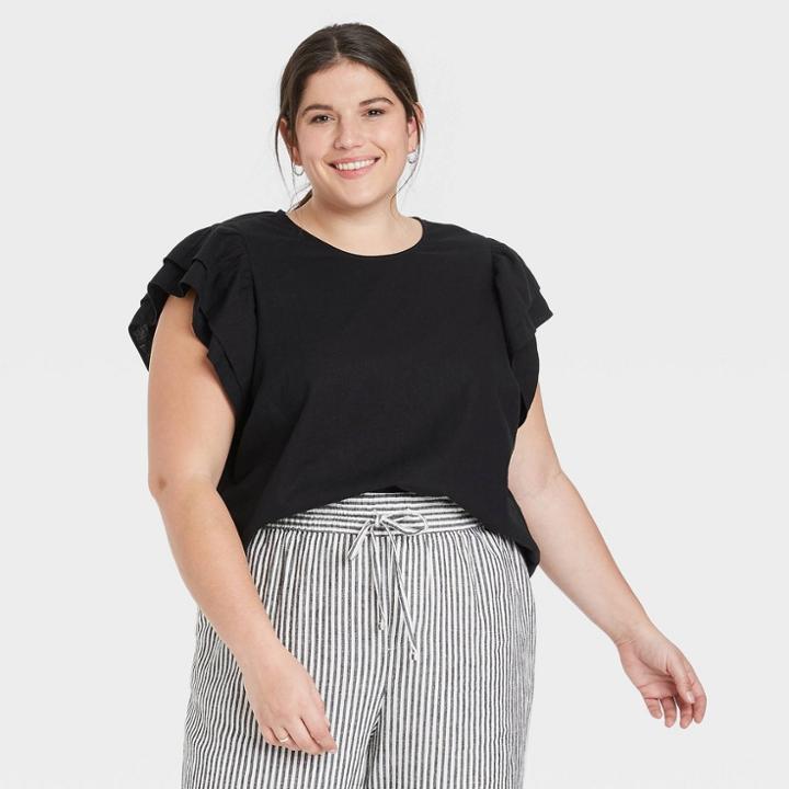 Women's Plus Size Ruffle Short Sleeve Linen Top - A New Day Black