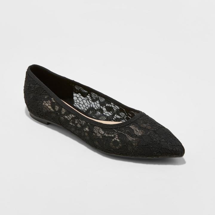 Women's Mandalyn Lace Pointed Toe Ballet Flats - A New Day Black