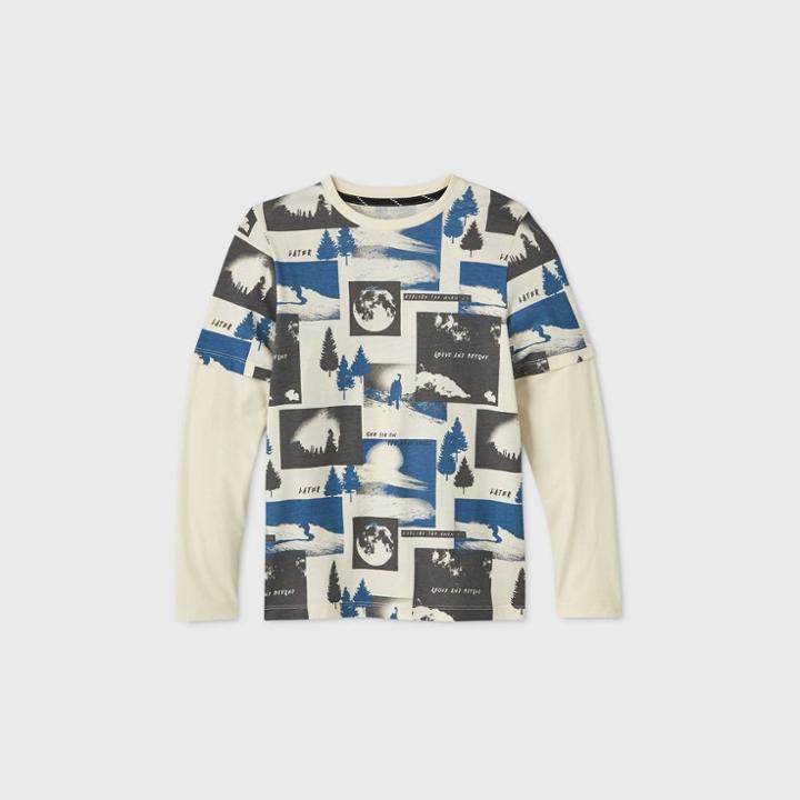 Boys' Long Sleeve Mountains Graphic T-shirt - Art Class Cream