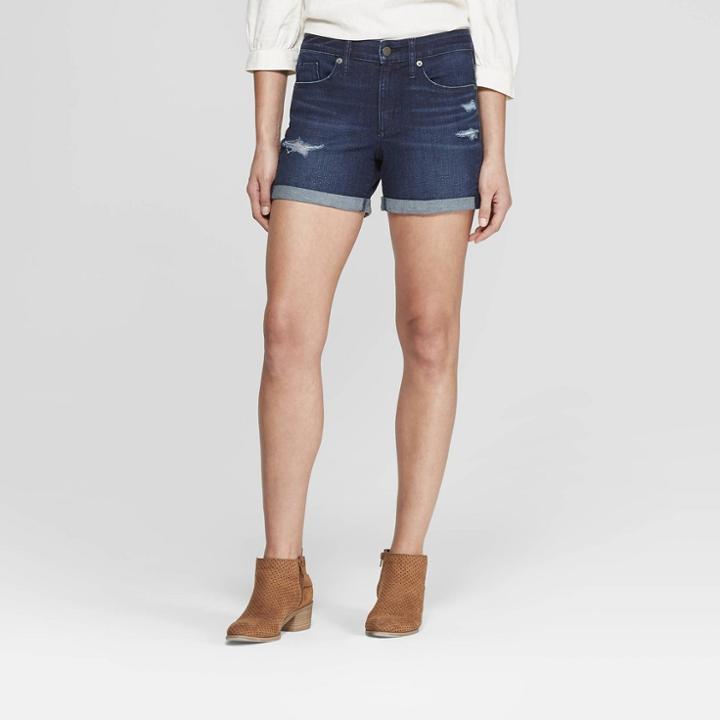 Women's High-rise Double Cuff Destroy Midi Shorts - Universal Thread Dark Wash