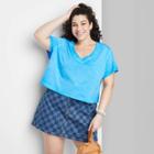 Women's Plus Size Short Sleeve Boxy Cropped V-neck T-shirt - Wild Fable Blue