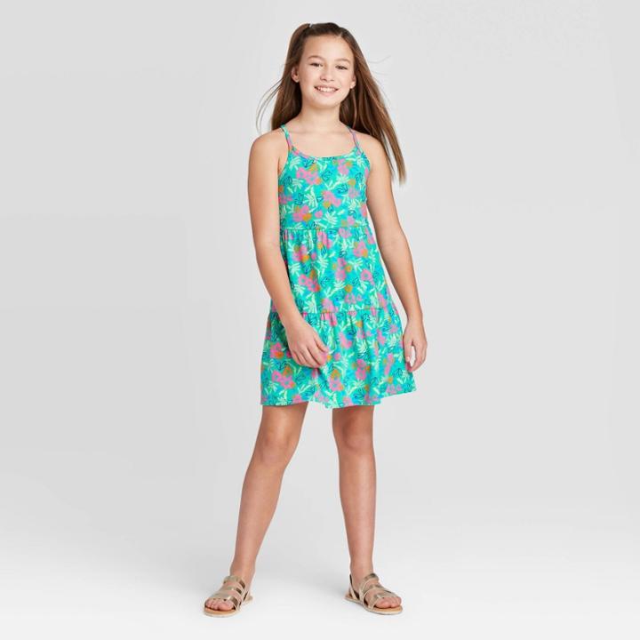 Girls' Floral Print Knit Dress - Cat & Jack Teal Xs, Girl's, Green