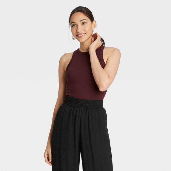 Women's Slim Fit Rib Tank Top - A New Day Burgundy