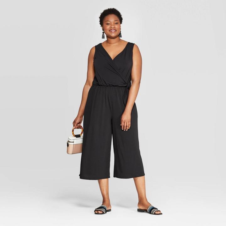 Women's Plus Size Sleeveless V-neck Tie Detail Knit Jumpsuit - Ava & Viv Black