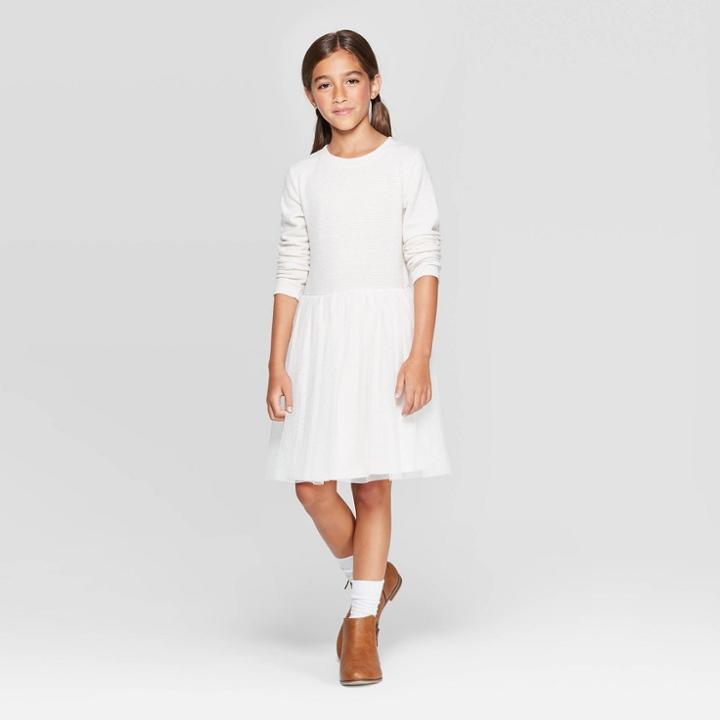 Girls' Long Sleeve Stripe Cozy Dress - Cat & Jack Cream Xl, Girl's, Ivory