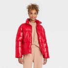 Women's Short Wet Look Puffer Jacket - A New Day Wowzer Red