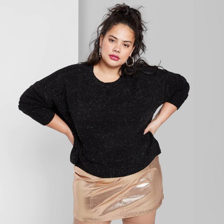 Women's Plus Size Long Sleeve Crewneck Tinsel Sweater - Wild Fable Black 1x, Women's,