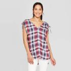 Women's Plaid Short Sleeve V-neck Front Button-down Blouse - Knox Rose Navy