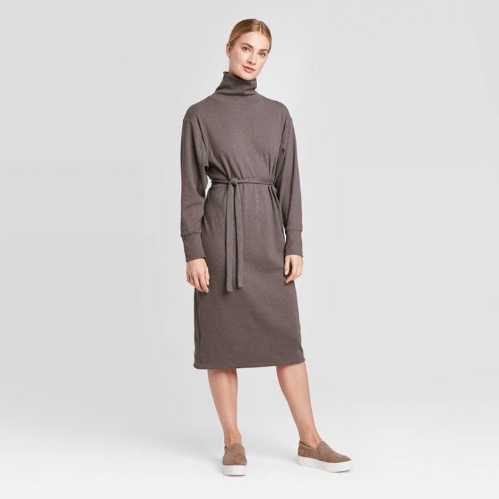 Women's Long Sleeve Cosy Mock Turtleneck T-shirt Midi Dress - Prologue Maroon Xs, Women's, Red