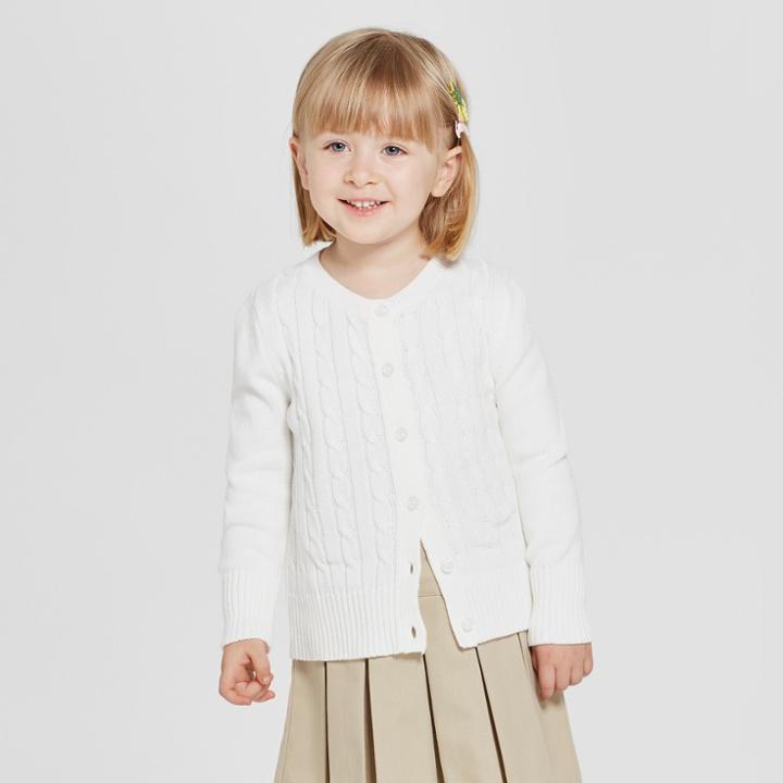Toddler Girls' Crew Neck Cable Knit Uniform Cardigan - Cat & Jack White