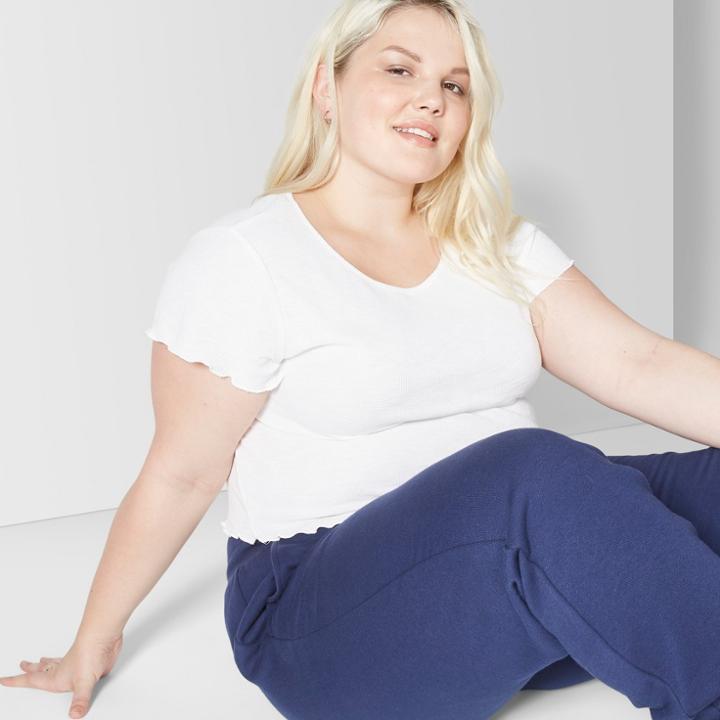 Women's Plus Size Short Sleeve Scoop Neck Lettuce Edge Waffle T-shirt - Wild Fable Fresh White