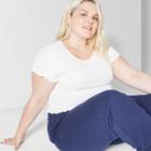 Women's Plus Size Short Sleeve Scoop Neck Lettuce Edge Waffle T-shirt - Wild Fable Fresh White