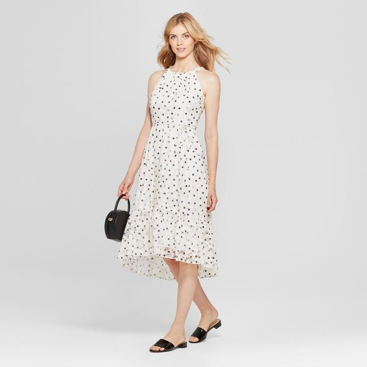 Women's Polka Dot Lace Halter Neck Midi Dress - Melonie T - Ivory/black