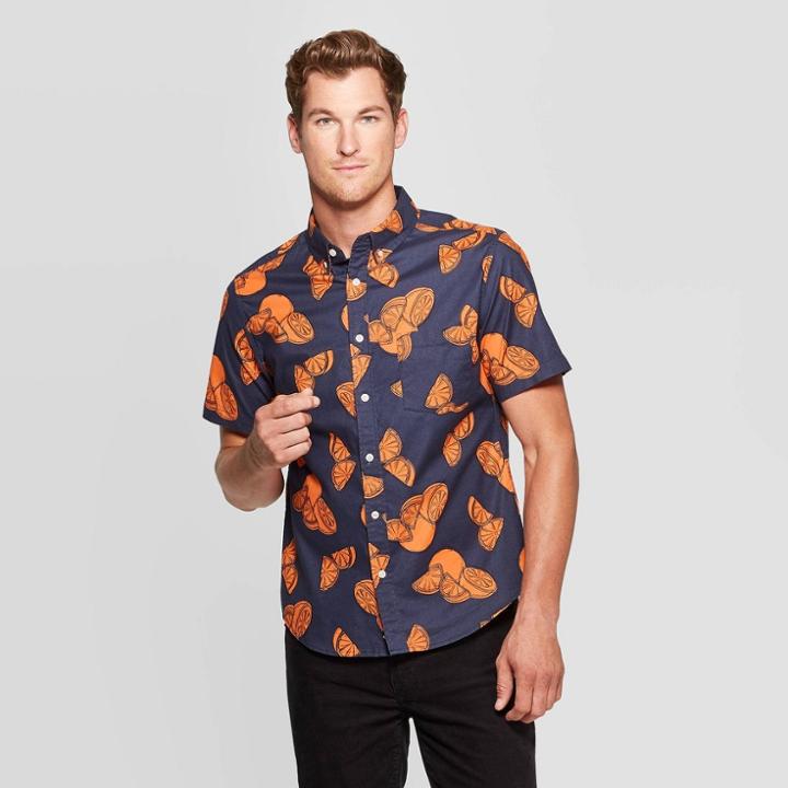 Men's Orange Print Slim Fit Poplin Button-down Shirt - Goodfellow & Co Dark Blue S, Men's,