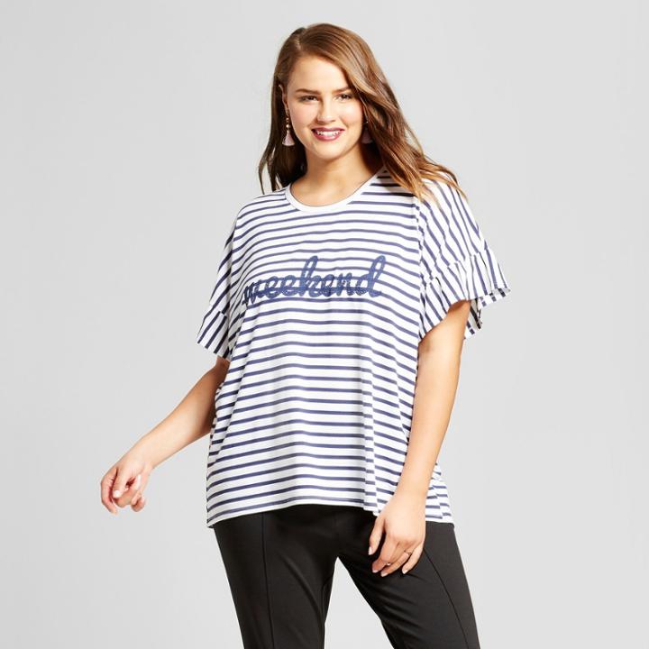 Women's Plus Size Weekend Short Sleeve Ruffle Graphic T-shirt - Grayson Threads (juniors') Navy/white