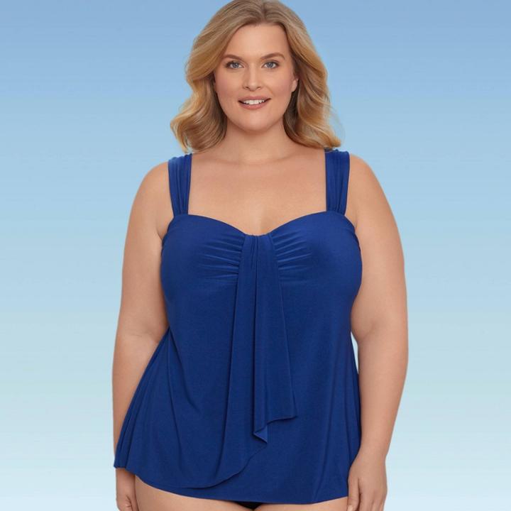 Women's Plus Size Slimming Control Draped Front Tankini Top - Dreamsuit By Miracle Brands Blue