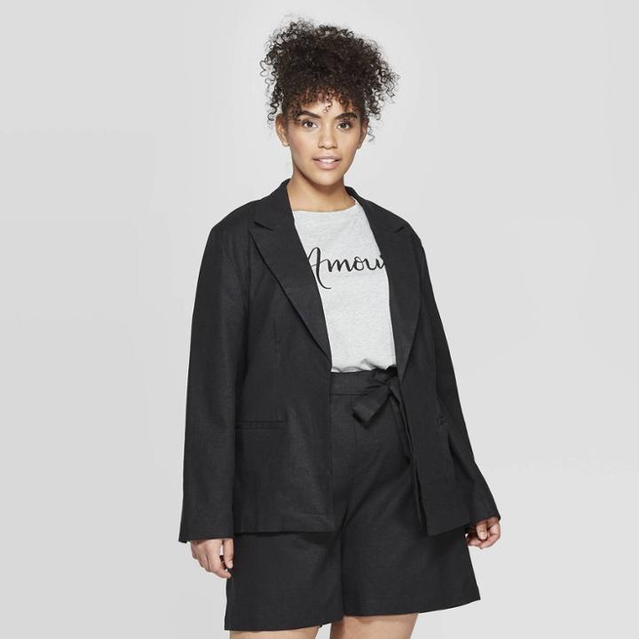 Women's Plus Size Linen Blazer - Ava & Viv Black