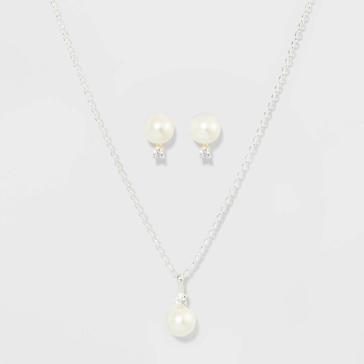 Pearl Earring And Necklace Set - A New Day White, Women's