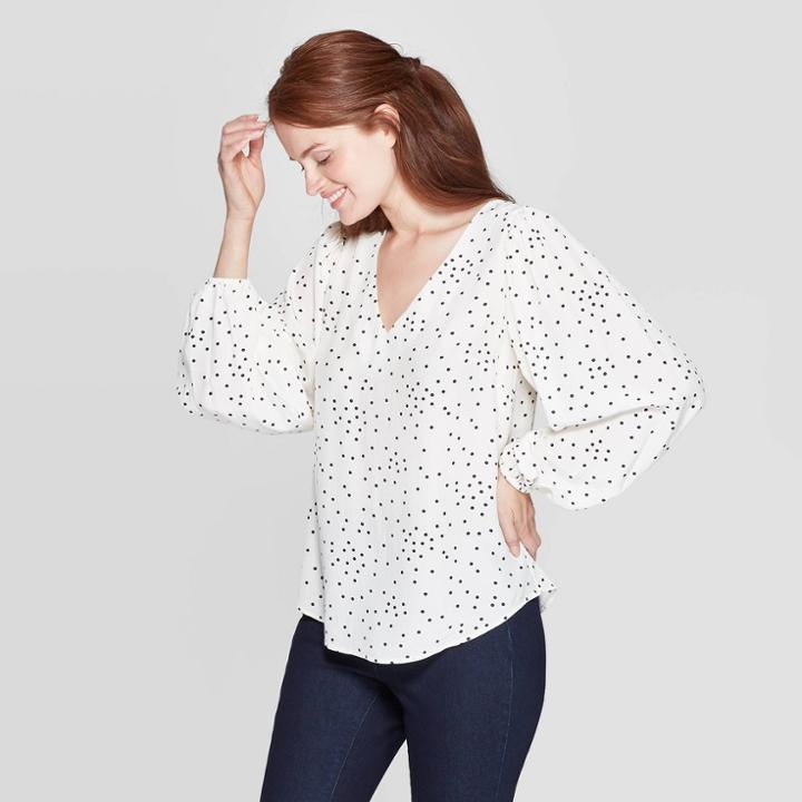 Women's Polka Dot Regular Fit Long Sleeve V-neck Blouse - A New Day White/black