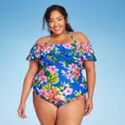 Kona Sol Women's Plus Size Flounce Over The Shoulder One Piece Swimsuit - Kona