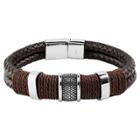 Men's Crucible Brown Twine Stainless Steel Accents Woven Braided Leather Bracelet (12mm) - Black