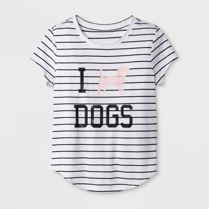 Grayson Social Girls' 'i Love Dogs' Graphic Striped Short Sleeve T-shirt - White/black