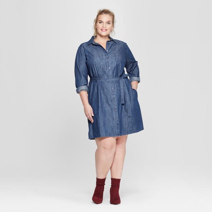 Women's Plus Size Denim Shirt Dress - Ava & Viv Indigo