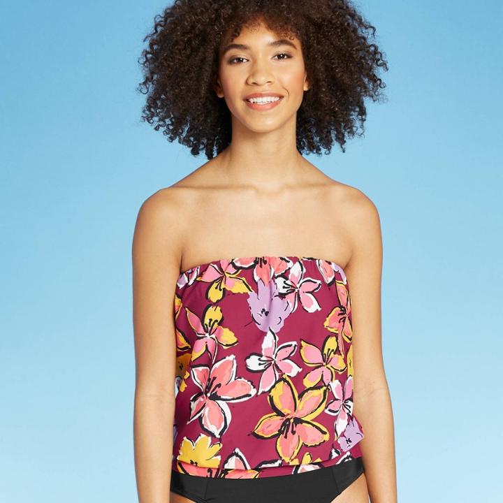 Women's Blouson Tankini Top - Sea Angel Floral Xs, Women's, Red
