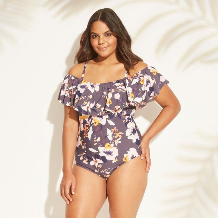 Women's Plus Size Ruffle Cold Shoulder One Piece Swimsuit - Sea Angel Grey Floral 1x,