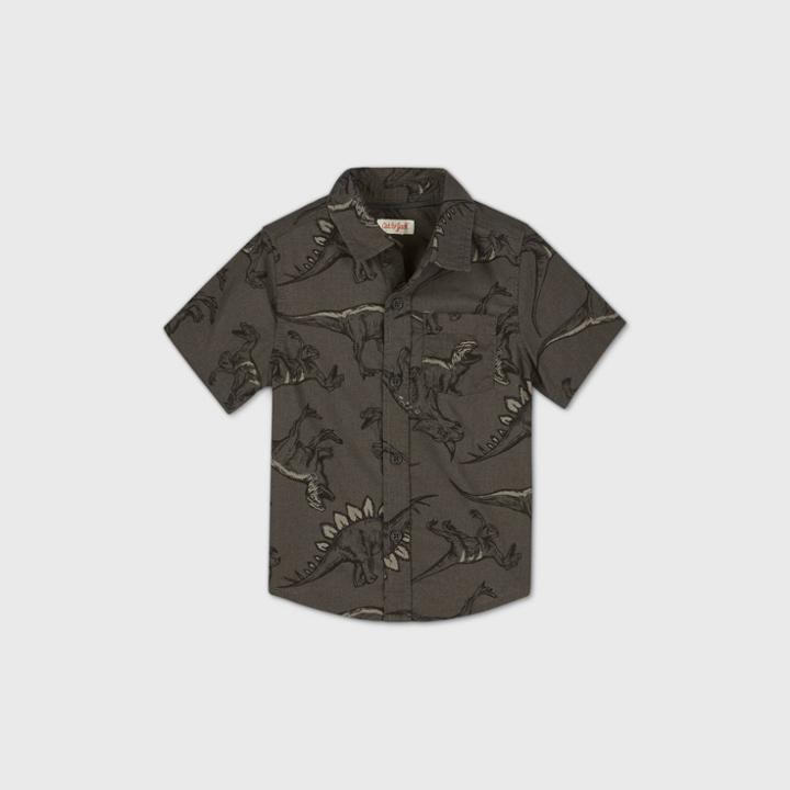 Toddler Boys' Short Sleeve Dinosaur Woven Button-down Shirt - Cat & Jack Gray