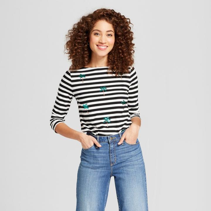 Women's Striped 3/4 Sleeve Boatneck T-shirt - A New Day Black/white