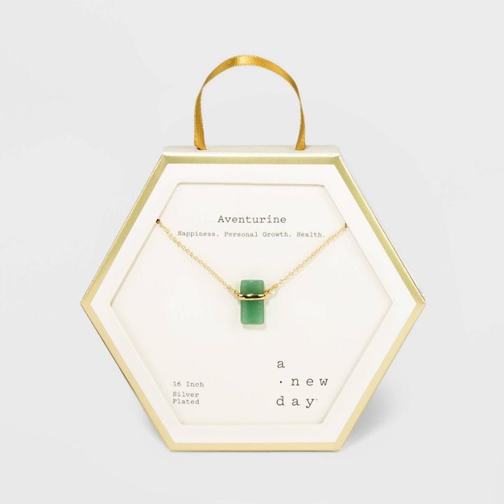 Silver Plated With Gold Flash And Semi-precious Aventurine Vertical Rectangle Stone Necklace - A New Day Green/gold, Adult Unisex,