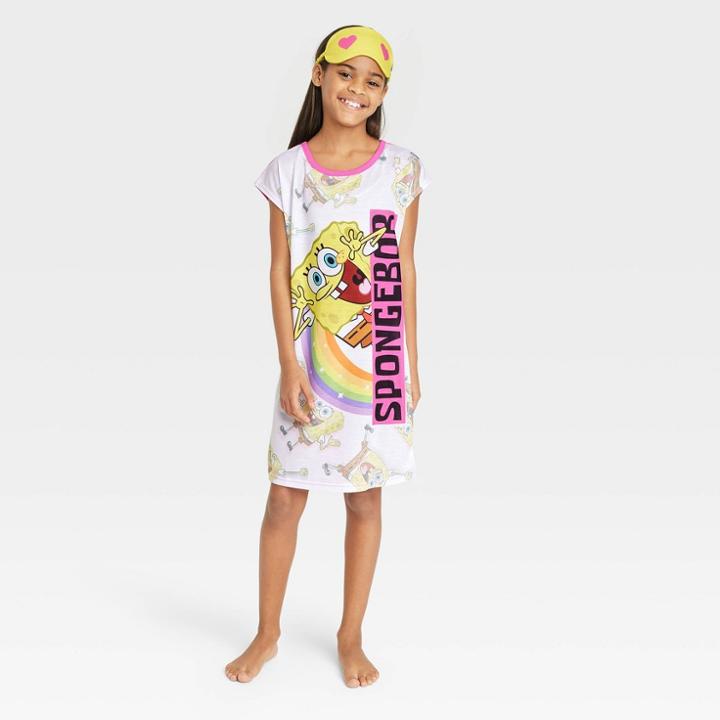 Nickelodeon Girls' Spongebob Squarepants Nightgown With Sleep Mask - Pink/white
