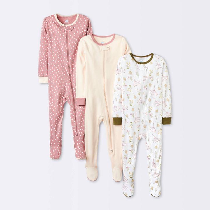 Baby Girls' 3pk Prairie Floral Tight Fit Zip-up Sleep N' Play - Cloud Island Pink