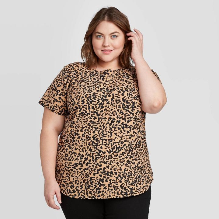 Women's Plus Size Animal Print Short Sleeve Crewneck Button Back Blouse - Ava & Viv Tan X, Women's, Brown
