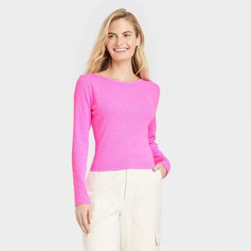Women's Ribbed Shrunken Long Sleeve T-shirt - Universal Thread Neon Pink