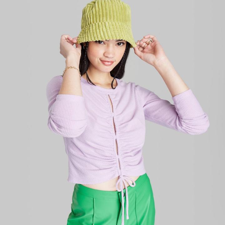 Women's Long Sleeve Lace-up Cozy Knit Blouse - Wild Fable Light Violet Xs,