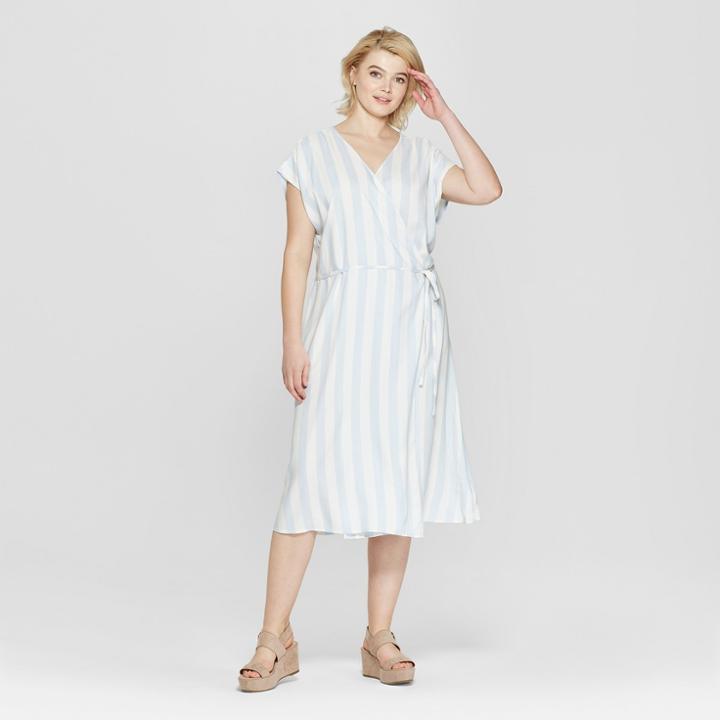 Women's Plus Size Striped Short Sleeve V-neck Wrap Maxi Dress - Ava & Viv Blue/white X