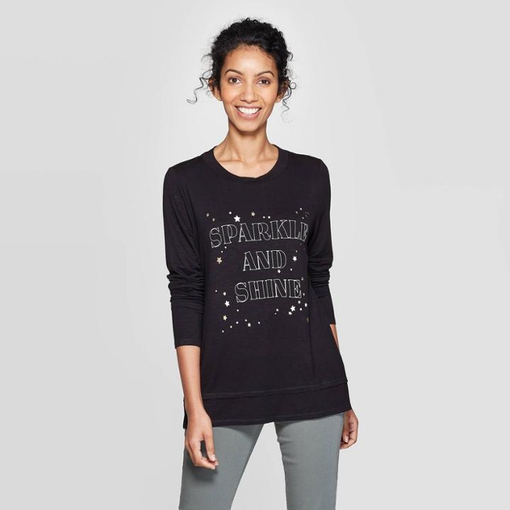 Women's Long Sleeve Crewneck Sparkle And Shine T-shirt - Knox Rose Black