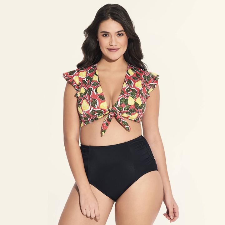 Women's Slimming Control Tie Front Bikini Top - Beach Betty By Miracle Brands Coral Pear Print